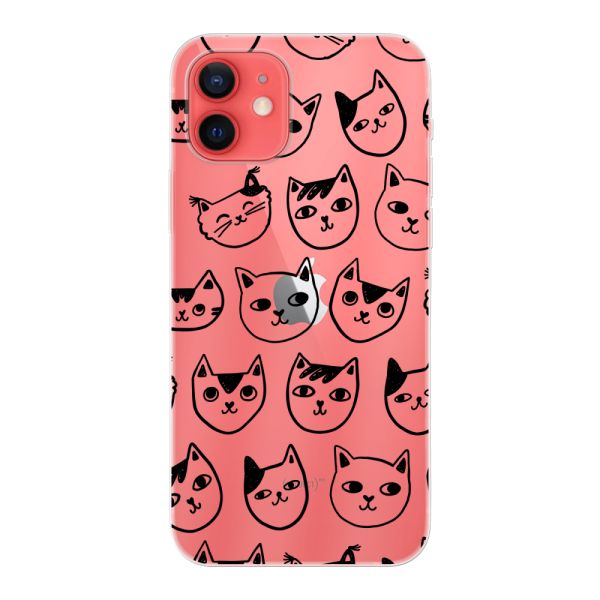 Transparant flexibel iPhone 12 hoesje met kattenkoppen - Transparante kattenprint
