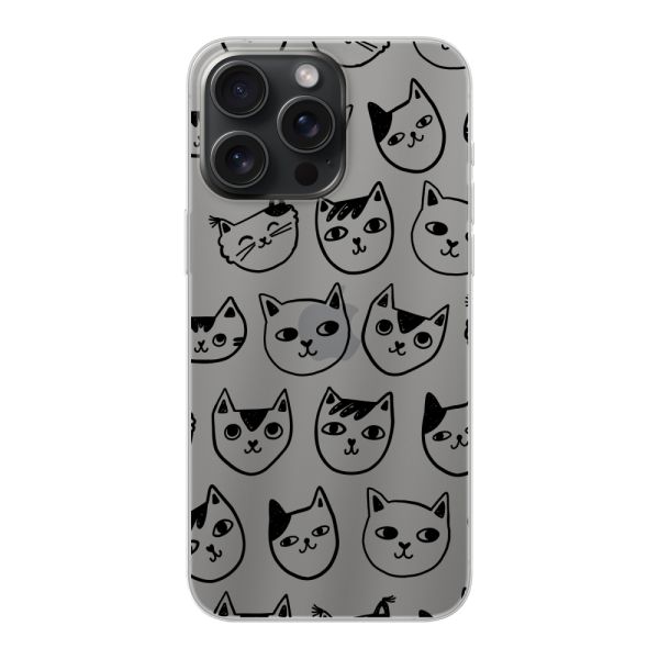 Transparant flexibel iPhone 15 Pro Max hoesje met kattenkoppen - Transparante kattenprint