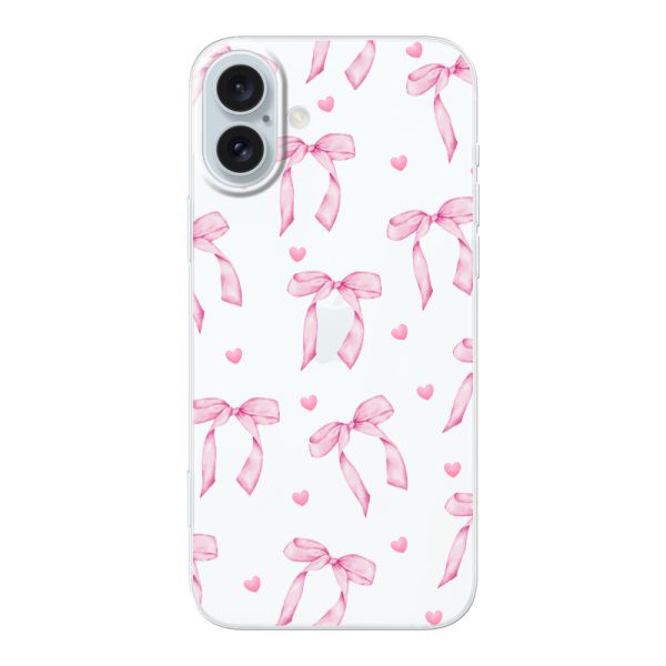 Transparant flexibel iPhone 16 Plus hoesje met Roze Strikjes en Hartjes