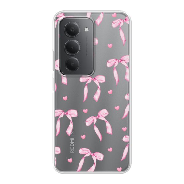 Coque Xiaomi Redmi 15 flexible transparente avec nœuds et cœurs roses