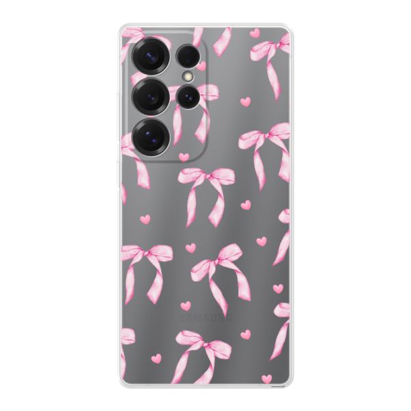 Coque Samsung Galaxy S25 Ultra flexible transparente avec nœuds et cœurs roses