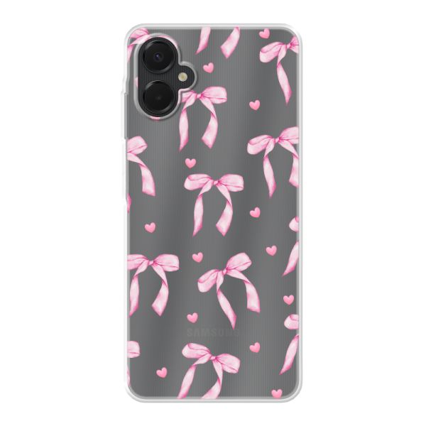 Coque Samsung Galaxy A06 5G flexible transparente avec nœuds et cœurs roses