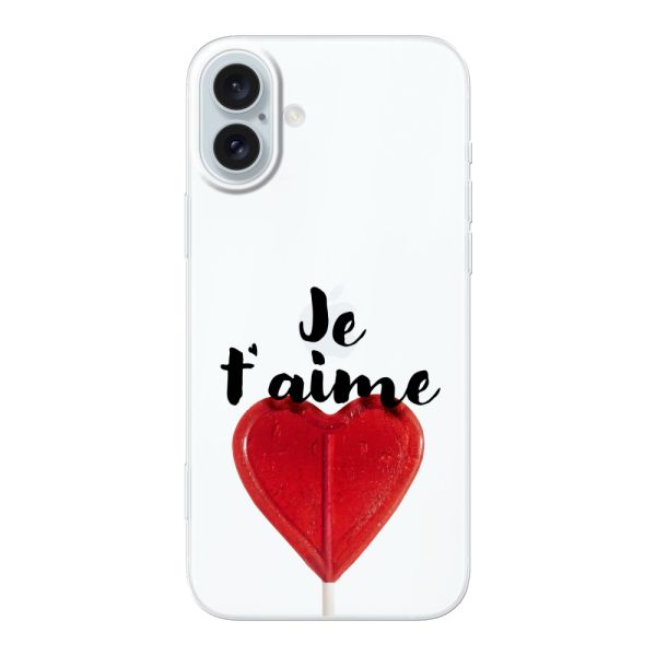 Transparente flexible iPhone 16 Plus Hülle mit herzförmigem Lutscher - Je t'aime