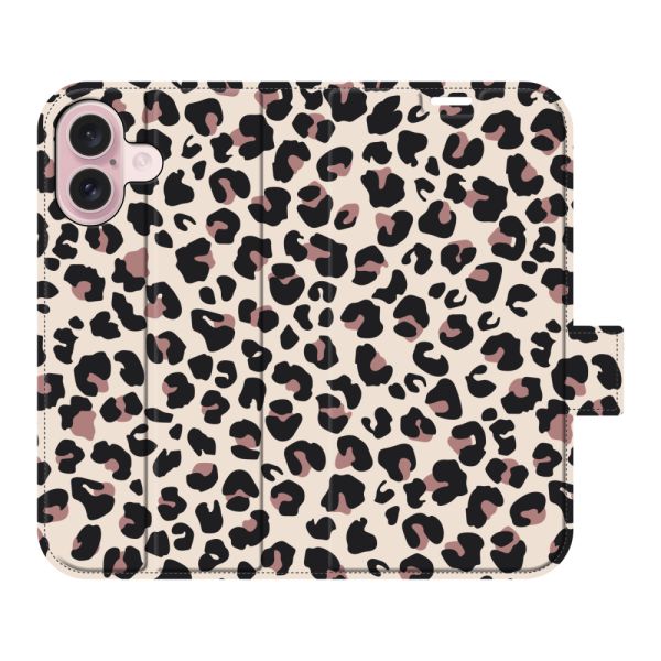 Vollständig bedrucktes iPhone 16 Portemonnaie-Case mit Pantherdruck - Leopardenmuster Beige Rosa
