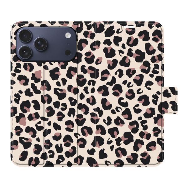 Coque portefeuille iPhone 17 Pro Max entièrement imprimée avec Imprimé panthère - Imprimé léopard Beige Rose