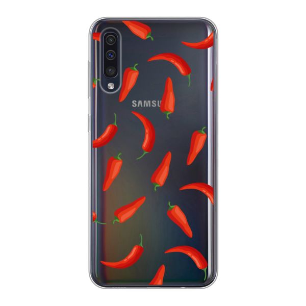 Transparant flexibel Samsung Galaxy A50 hoesje met Rode Pepers - Transparant Chili Pepper Patroon