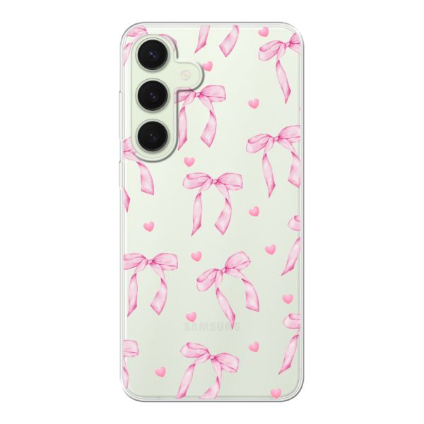 Coque Samsung Galaxy S25 Plus flexible transparente avec nœuds et cœurs roses
