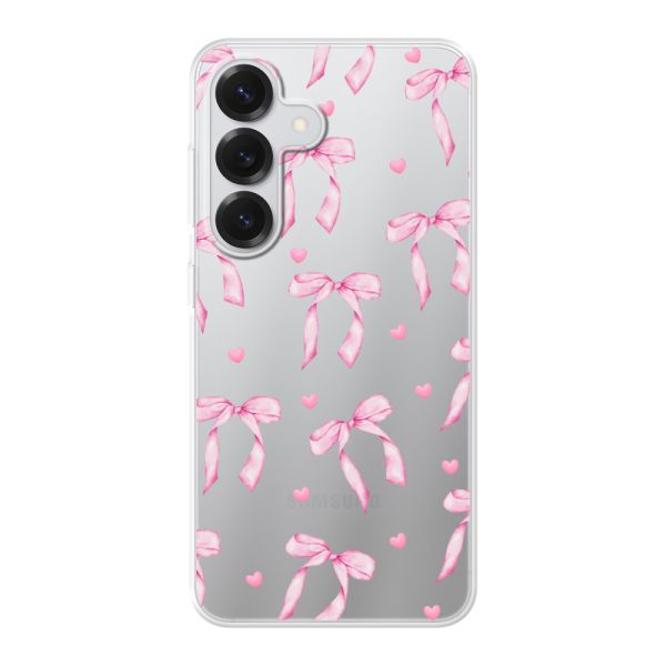 Coque Samsung Galaxy S25 flexible transparente avec nœuds et cœurs roses