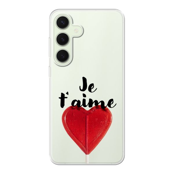 Coque Samsung Galaxy S25 Plus flexible transparente avec sucette en forme de cœur - Je t'aime