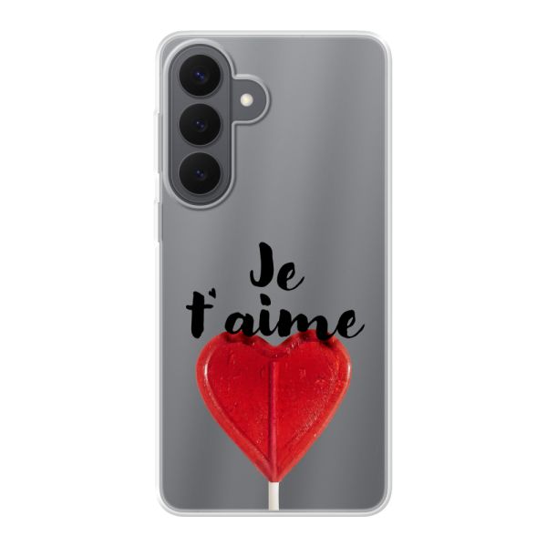 Coque Samsung Galaxy S26 Plus flexible transparente avec sucette en forme de cœur - Je t'aime