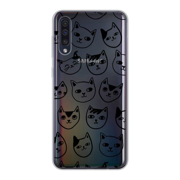 Transparant flexibel Samsung Galaxy A30s hoesje met kattenkoppen - Transparante kattenprint