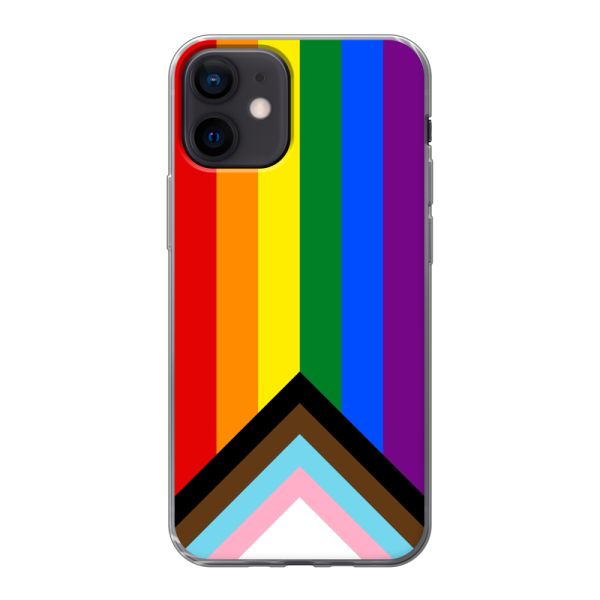 Transparant flexibel iPhone 12 mini hoesje met Regenboog Vlag - Progress Pride Vlag