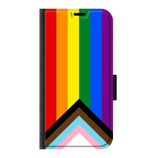 Vorne bedrucktes iPhone 16 Portemonnaie-Case mit Regenbogen-Flagge - Progress-Pride-Flagge