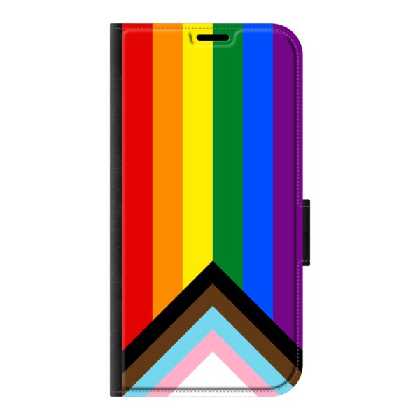 Voorkant bedrukt iPhone 16 Pro portemonnee hoesje met Regenboog Vlag - Progress Pride Vlag