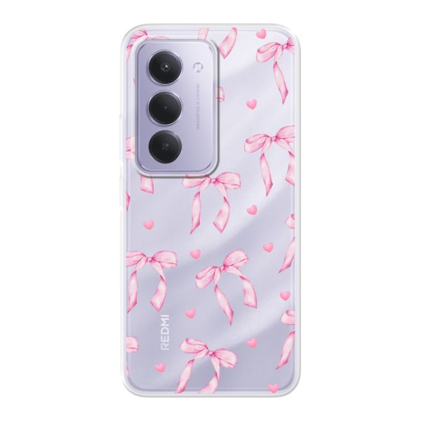 Coque Xiaomi Redmi 15 4G flexible transparente avec nœuds et cœurs roses