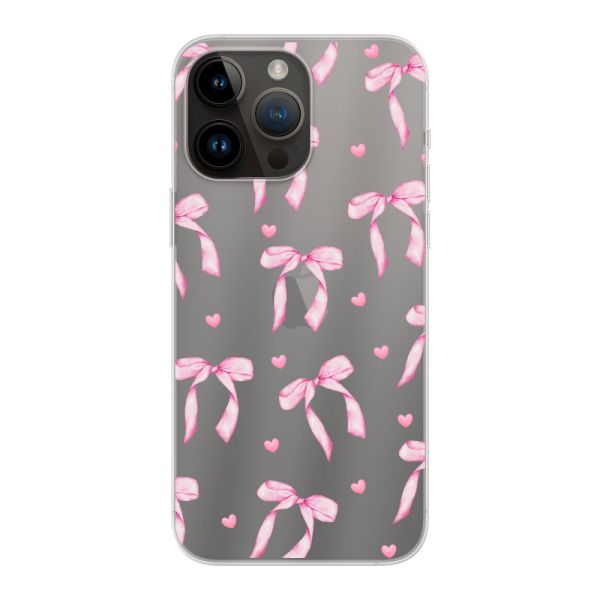 Transparant flexibel iPhone 14 Pro Max hoesje met Roze Strikjes en Hartjes