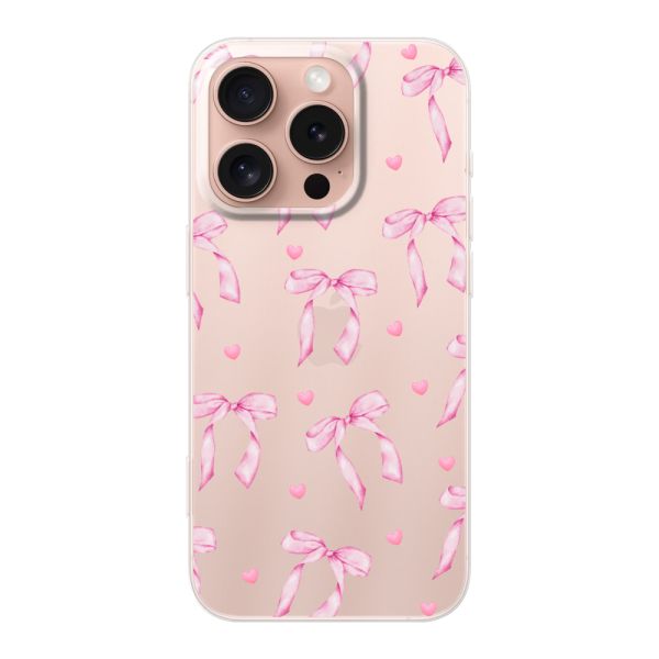 Transparant flexibel iPhone 16 Pro hoesje met Roze Strikjes en Hartjes