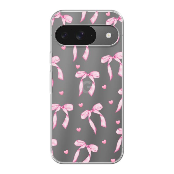 Transparant flexibel Google Pixel 9 hoesje met Roze Strikjes en Hartjes