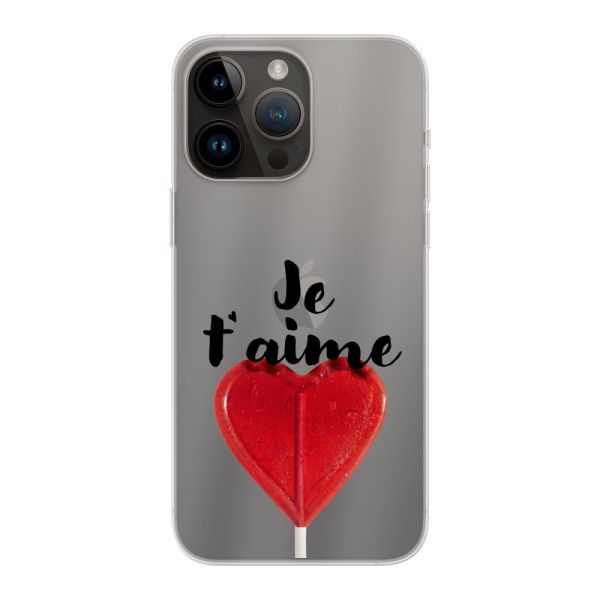 Transparente flexible iPhone 14 Pro Max Hülle mit herzförmigem Lutscher - Je t'aime