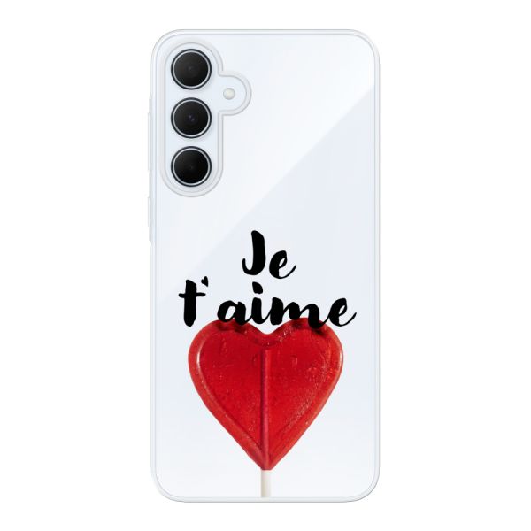 Transparente flexible Samsung Galaxy A35 Hülle mit herzförmigem Lutscher - Je t'aime