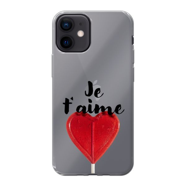 Coque iPhone 12 mini flexible transparente avec sucette en forme de cœur - Je t'aime