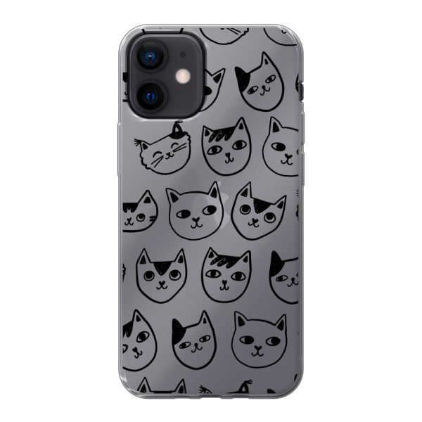 Transparant flexibel iPhone 12 mini hoesje met kattenkoppen - Transparante kattenprint