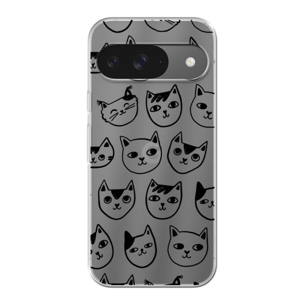 Coque Google Pixel 9 flexible transparente avec têtes de chat - Imprimé chats transparent
