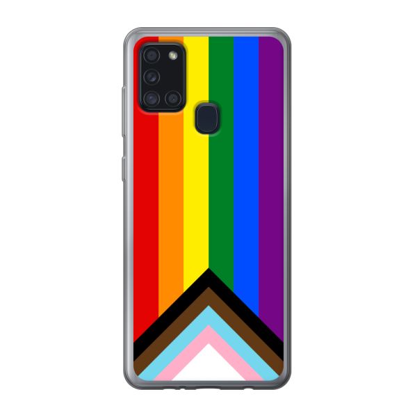 Transparant flexibel Samsung Galaxy A21s hoesje met Regenboog Vlag - Progress Pride Vlag