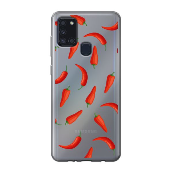 Transparant flexibel Samsung Galaxy A21s hoesje met Rode Pepers - Transparant Chili Pepper Patroon