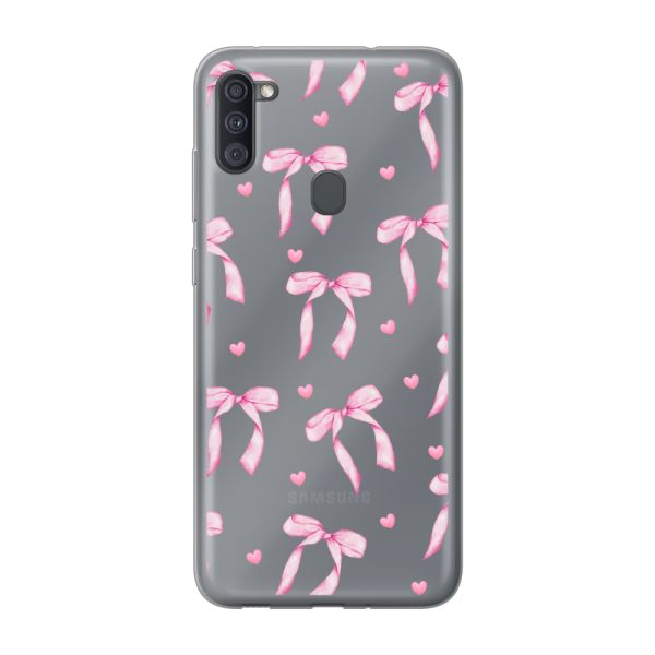 Transparant flexibel Samsung Galaxy M11 hoesje met Roze Strikjes en Hartjes