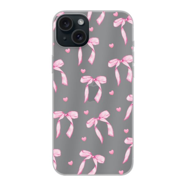 Transparant flexibel iPhone 15 Plus hoesje met Roze Strikjes en Hartjes