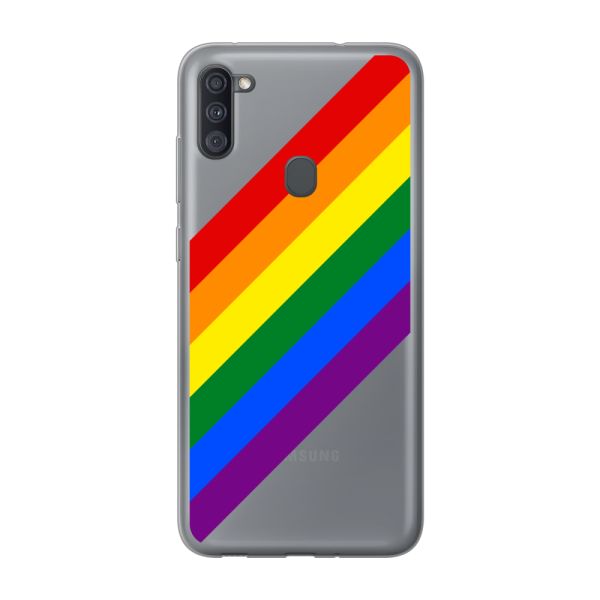 Transparant flexibel Samsung Galaxy M11 hoesje met Diagonale Regenboog - Pride Strepen