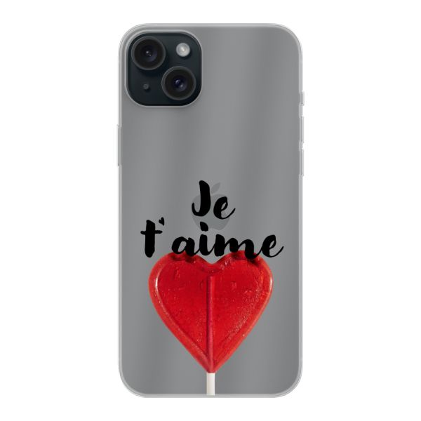 Transparente flexible iPhone 15 Plus Hülle mit herzförmigem Lutscher - Je t'aime
