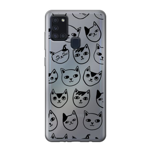 Transparant flexibel Samsung Galaxy A21s hoesje met kattenkoppen - Transparante kattenprint