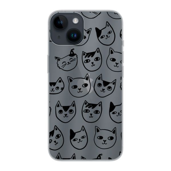 Transparant flexibel iPhone 14 hoesje met kattenkoppen - Transparante kattenprint