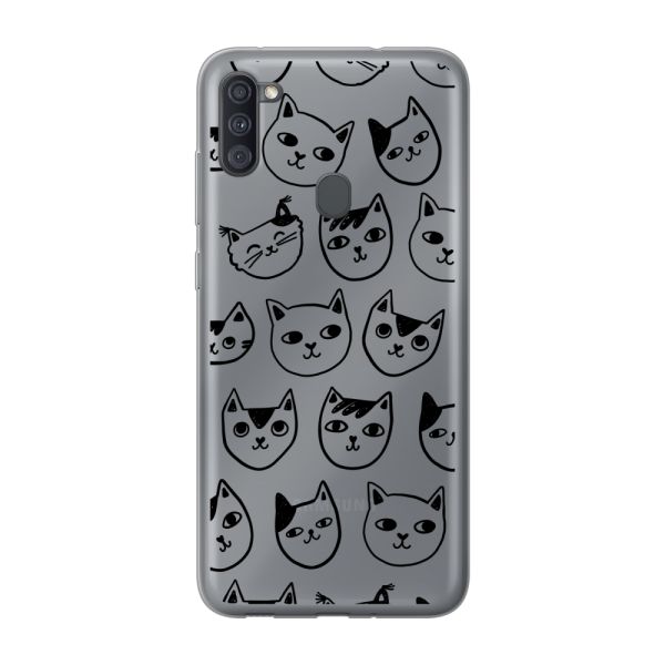 Transparant flexibel Samsung Galaxy M11 hoesje met kattenkoppen - Transparante kattenprint