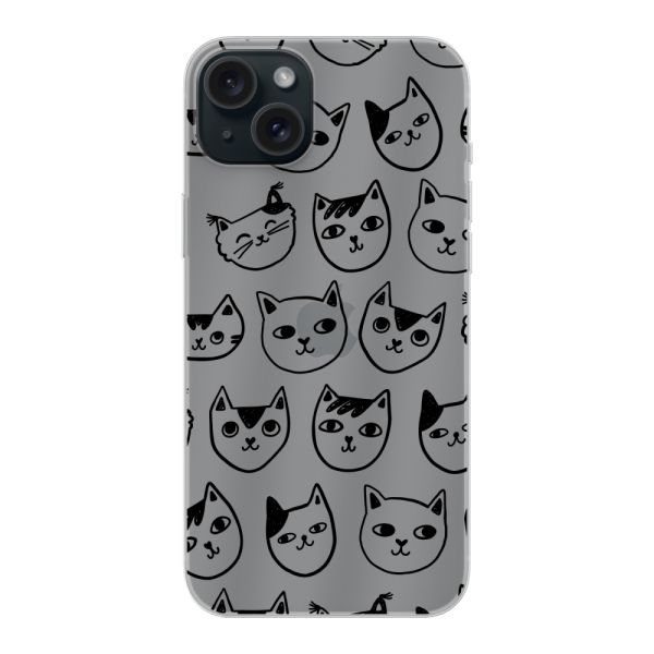 Transparant flexibel iPhone 15 Plus hoesje met kattenkoppen - Transparante kattenprint