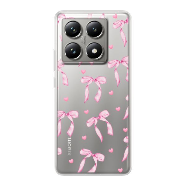 Coque Xiaomi 14T Pro flexible transparente avec nœuds et cœurs roses