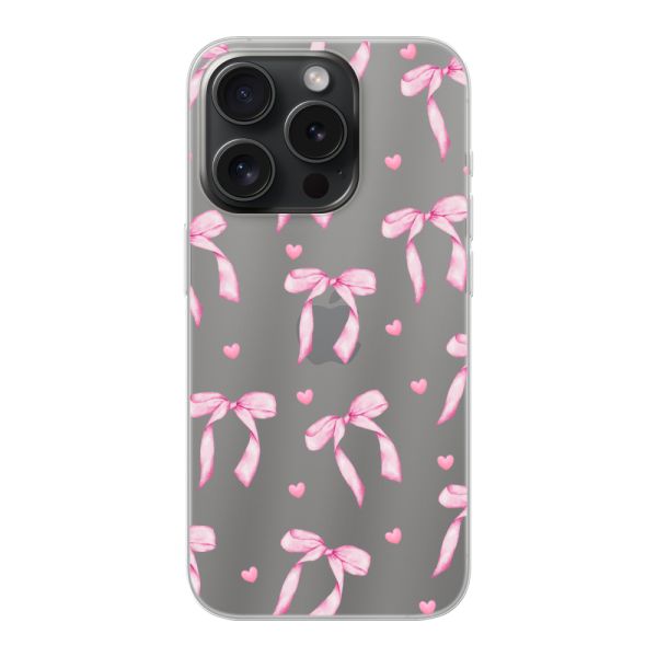 Transparant flexibel iPhone 15 Pro hoesje met Roze Strikjes en Hartjes