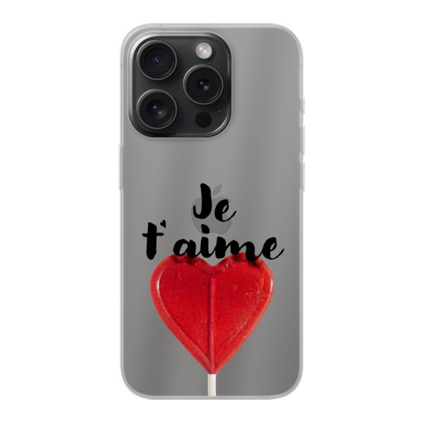 Coque iPhone 15 Pro flexible transparente avec sucette en forme de cœur - Je t'aime