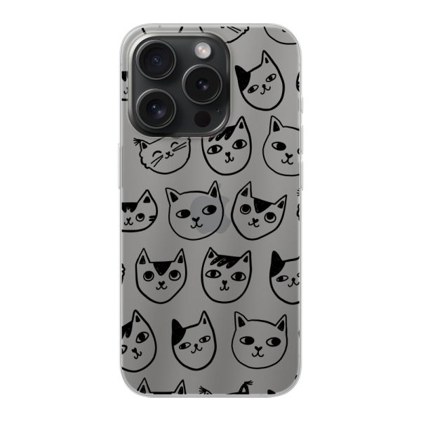 Transparant flexibel iPhone 15 Pro hoesje met kattenkoppen - Transparante kattenprint