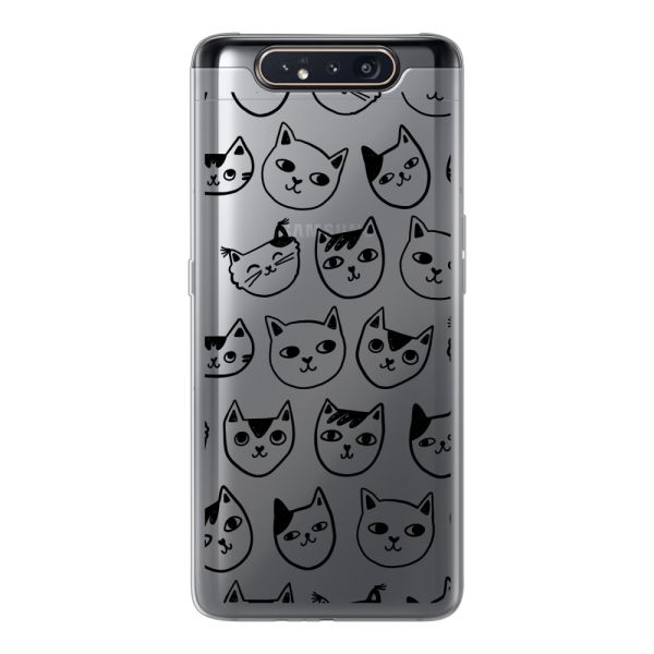 Transparant flexibel Samsung Galaxy A80 hoesje met kattenkoppen - Transparante kattenprint