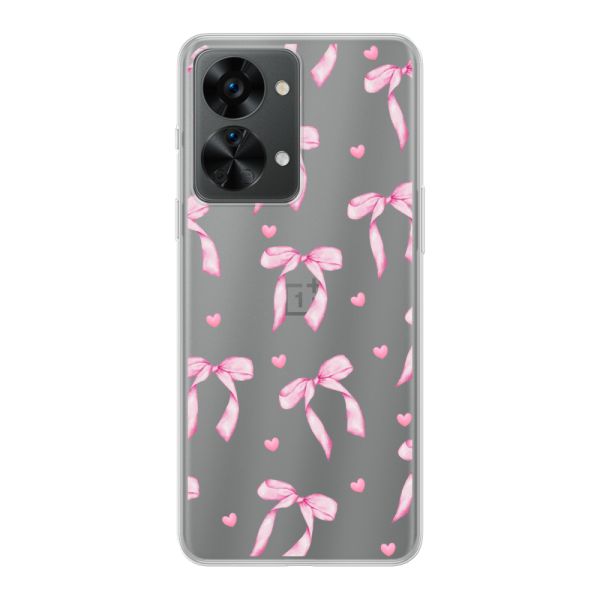 Coque OnePlus Nord 2T flexible transparente avec nœuds et cœurs roses