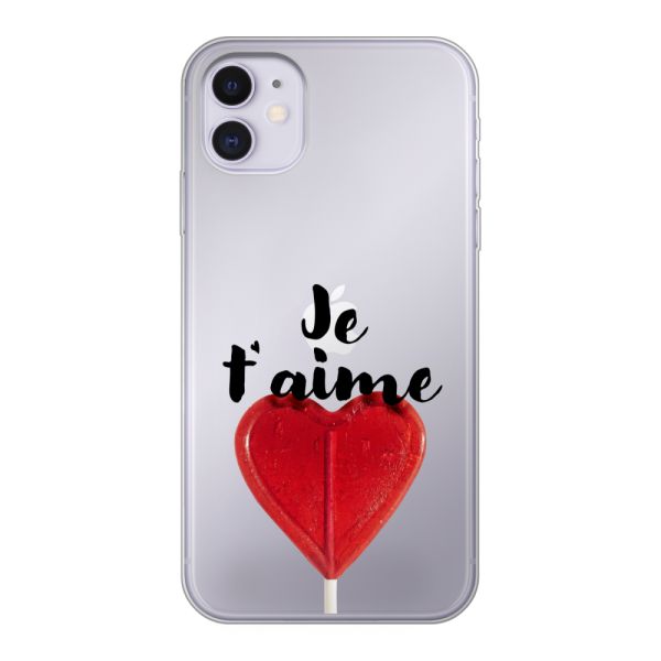 Coque iPhone 11 flexible transparente avec sucette en forme de cœur - Je t'aime