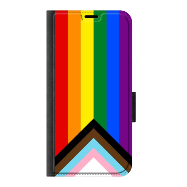 Vorne bedrucktes iPhone 15 Portemonnaie-Case mit Regenbogen-Flagge - Progress-Pride-Flagge