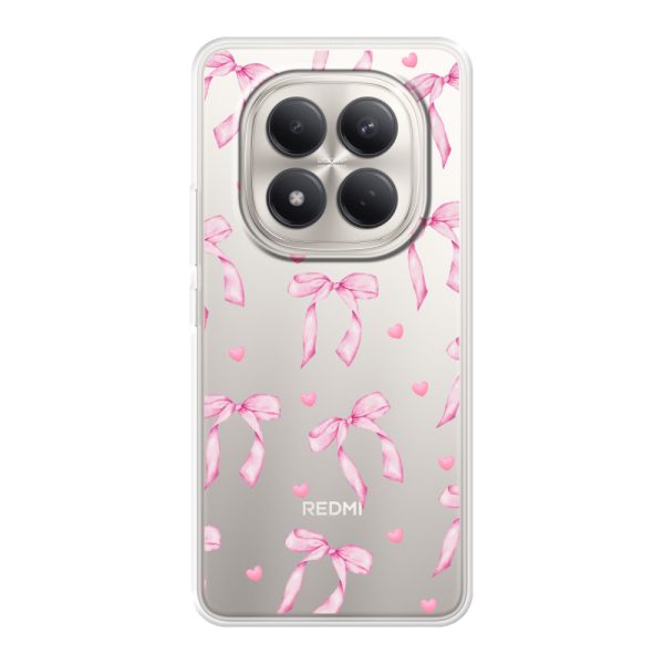 Coque Xiaomi Redmi Note 15 Pro 4G flexible transparente avec nœuds et cœurs roses