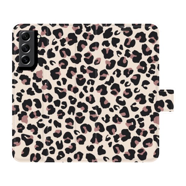 Volledig bedrukt Samsung Galaxy S21 5G portemonnee hoesje met Panterprint - Luipaardprint Beige Roze