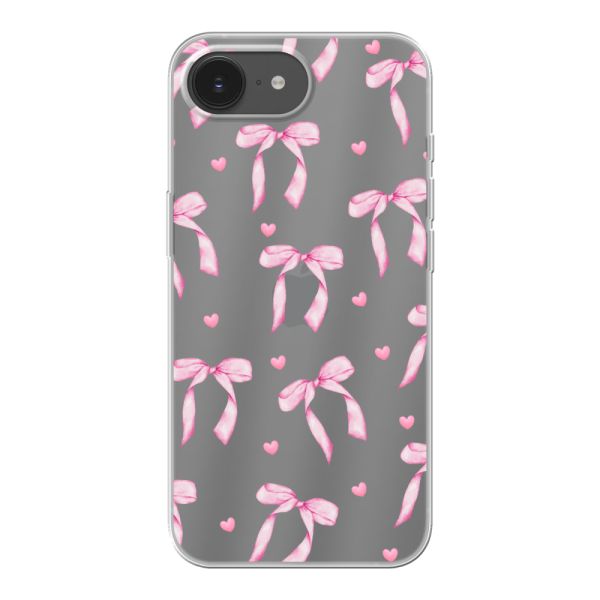 Funda iPhone 16e flexible transparente con lazos y corazones rosas