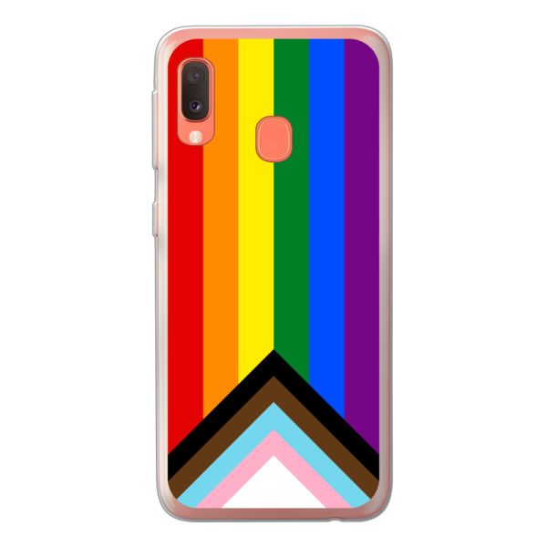 Transparente flexible Samsung Galaxy A20e Hülle mit Regenbogenfahne - Progress Pride Flagge