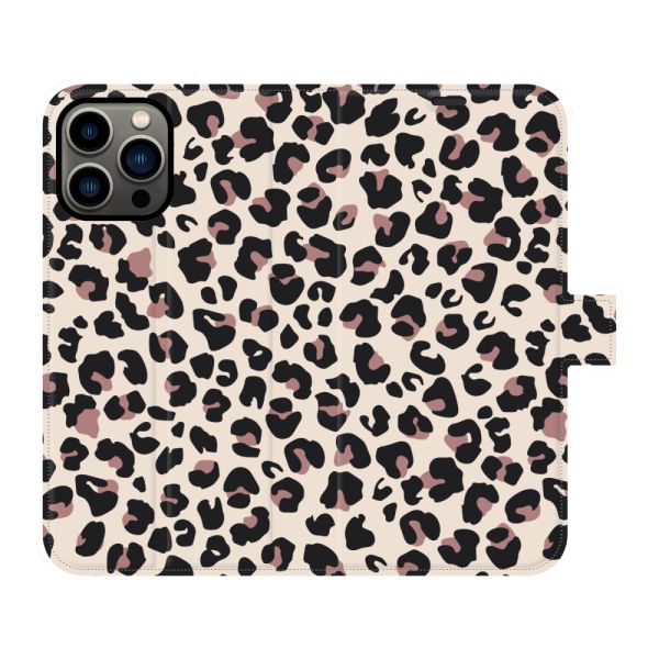 Coque portefeuille iPhone 13 Pro Max entièrement imprimée avec Imprimé panthère - Imprimé léopard Beige Rose